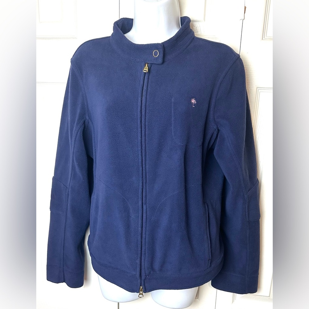 LILLY PULITZER Fleece Jacket Coat Navy Blue Pink Palm Tree Pockets Elbow Patch